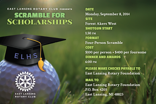 Golf Scramble for Scholarships save the date card, featuring a golf ball has a mortar board cap.